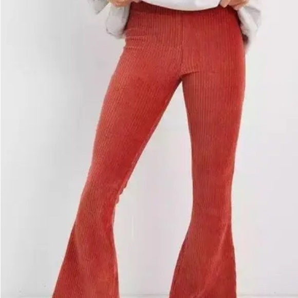 aerie Pants - Aerie Burnt Orange Groove On Velour Ribbed Flare Pants